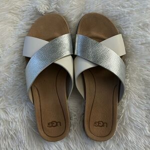 UGG Kari Silver and white Leather Cross-Strap Slide Sandals Size 7.5 worn 1x